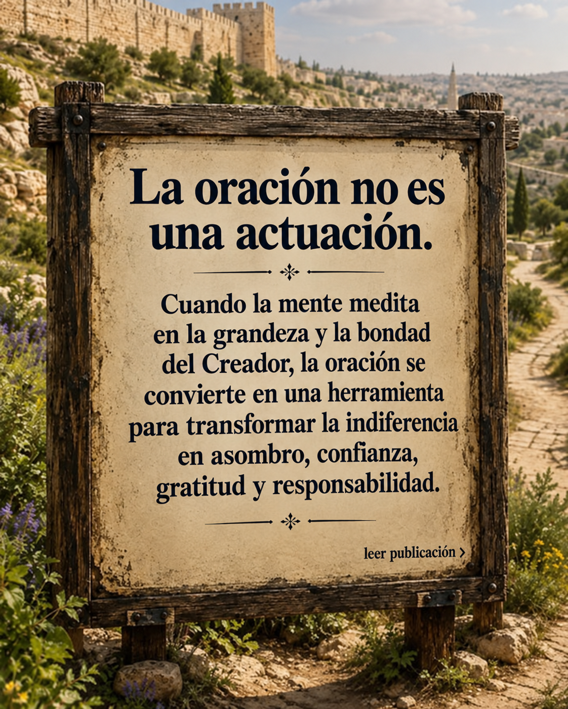 Cartel inspirador con la frase «La oración no es una actuación» y una reflexión sobre cómo contemplar la grandeza y bondad del Creador transforma la indiferencia en asombro, confianza, gratitud y responsabilidad.