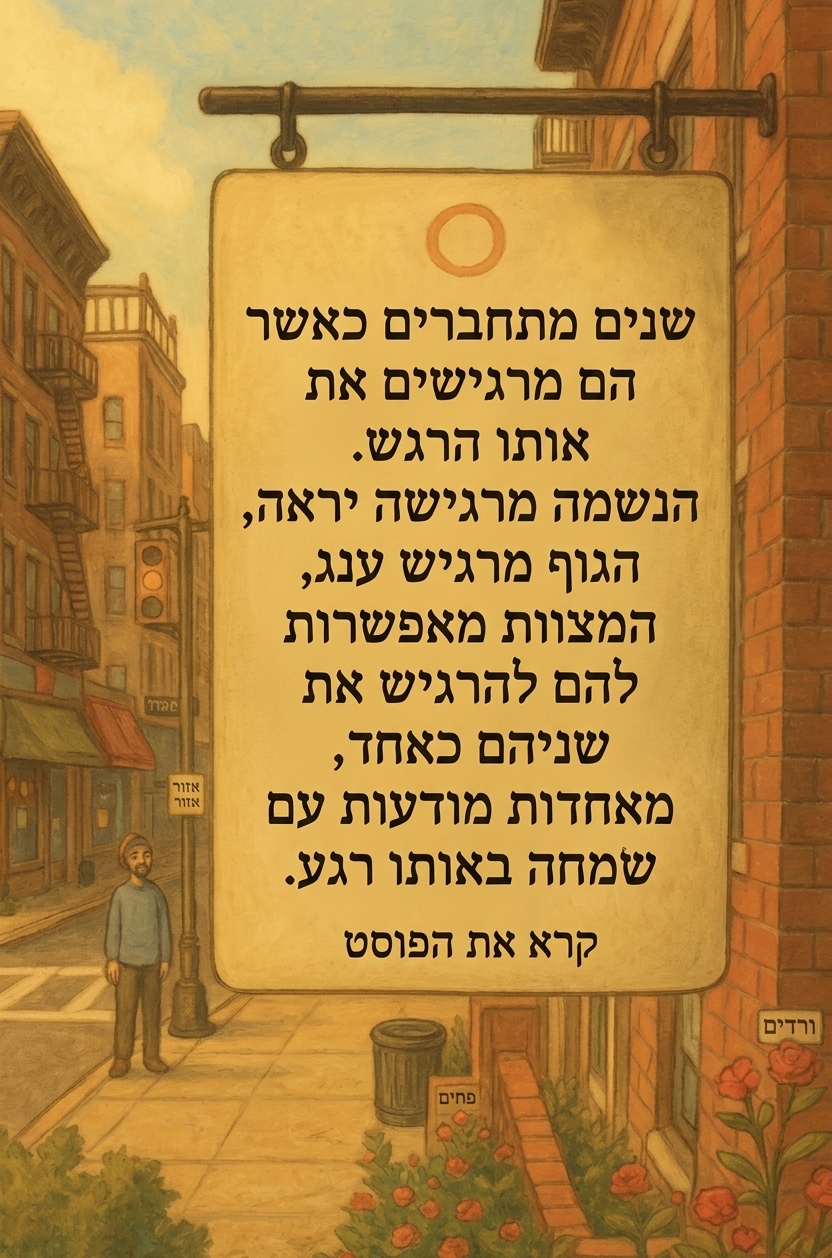 חיבור בין הנשמה והגוף דרך רגשות ומצוות, על רקע רחוב עירוני חמים.