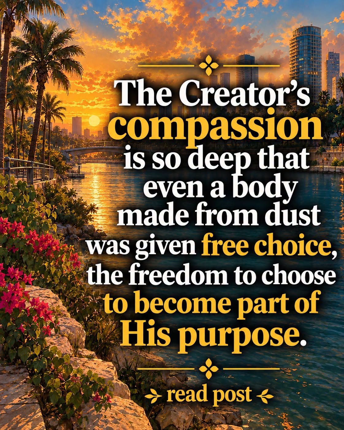 The Creator’s compassion is so deep that even a body made from dust was given free choice, the freedom to choose to become part of His purpose.