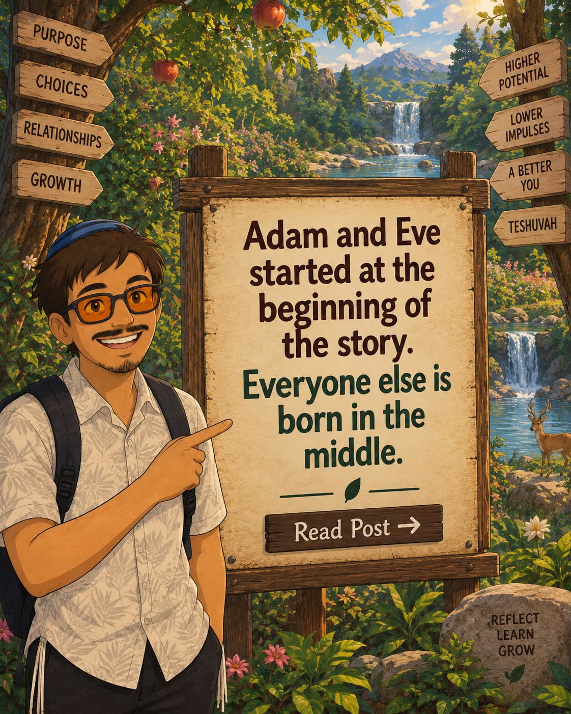 Adam and Eve started at the beginning of the story. Everyone else is born in the middle.