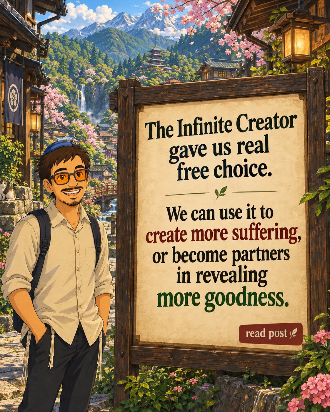 The Infinite Creator gave us real free choice. We can use it to create more suffering, or become partners in revealing more goodness.