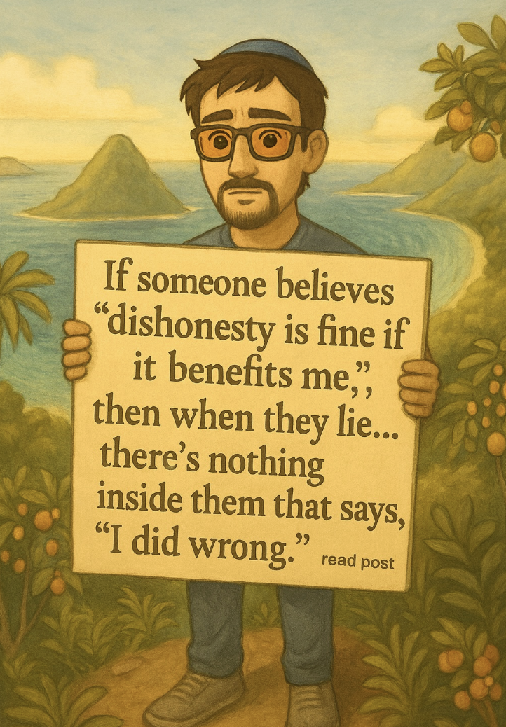 Man holding sign about dishonesty